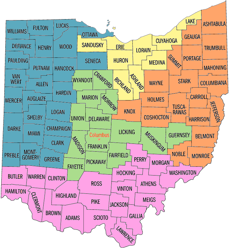 Map of Ohio with Five Districts for Single-Transferrable Vote